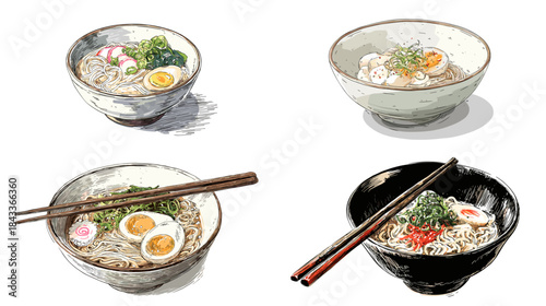 Hand drawn ramen bowl illustration with noodles, egg, vegetables, and traditional toppings presented in a textured culinary sketch style.