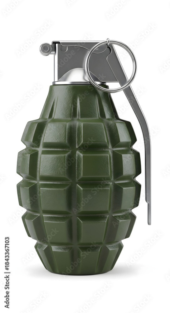 Obraz premium Green military-style hand grenade isolated on white background, explosive weapon symbolizing danger, conflict, warfare, security threats, violence awareness, military equipment, and combat risk