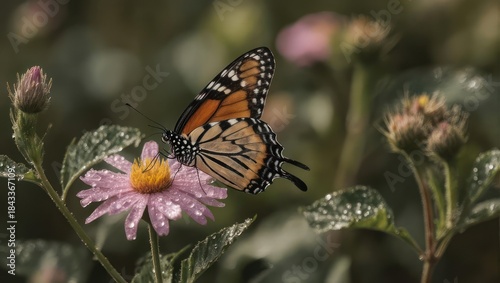 Monarch butterfly on a dewy pink flower