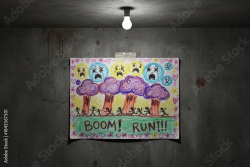 A colorful drawing hangs on a concrete wall, showing trees with mushroom clouds, frightened figures running, and bold text saying Boom! Run!! It captures a sense of urgency and chaos
