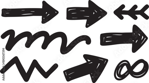 Grunge Hand-Drawn Arrow & Swirl Set: Bold Black Brush Stroke Directional Design Elements