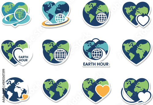 Earth Hour Icons with Globe and Heart Shapes for Environmental Awareness