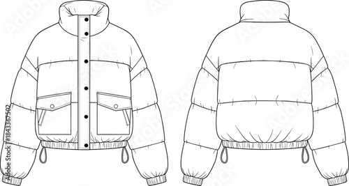 Women’s cropped puffer jacket technical flat sketch with high collar, drawstring hem, front pockets, quilted padding, winter fashion vector illustration