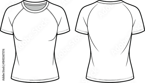 Women’s fitted short sleeve t-shirt technical fashion template, clean front and back flat outline sketch with seam details, vector apparel illustration