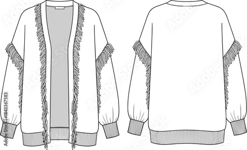 Women’s fringe open cardigan technical flat sketch with long sleeves, ribbed hem, textured trim detailing, fashion garment template vector illustration