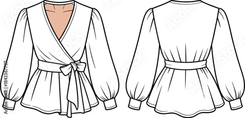 Women’s stylish wrap blouse fashion template, detailed front and back flat sketch with bow belt and puff sleeves, elegant vector illustration