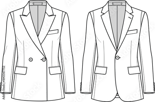 Women’s tailored blazer technical flat sketch with double breasted and single breasted design, detailed seams, pockets, lapels, modern vector illustration