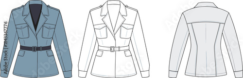 Women's belted jacket vector, technical fashion flat sketch, apparel design template with front and back view, detailed garment illustration for designers