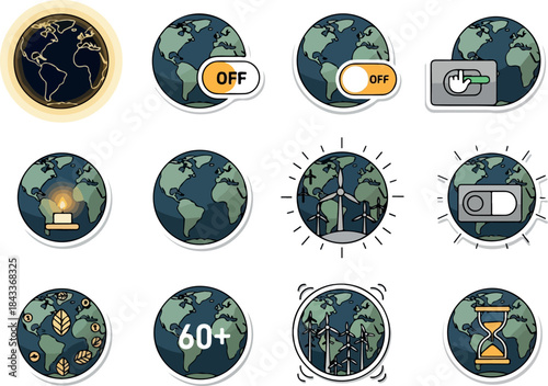 Earth Energy Conservation Icons for Environmental Awareness and Sustainability