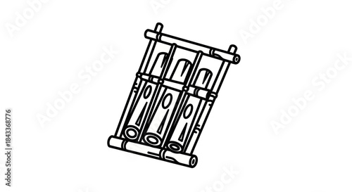 Line art illustration of a traditional bamboo raft with three logs.