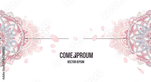 Elegant symmetrical design with delicate pink and grey floral mandala patterns on a white background.