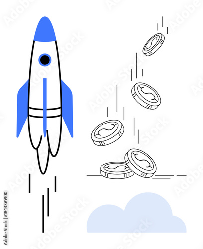 Financial growth, cryptocurrency, startup success, investment opportunities, economic progress, innovation. A rocket launching with coins falling. Financial growth and cryptocurrency concept