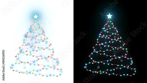 Colorful glowing Christmas tree formed by flowing string lights with multicolor bulbs isolated on transparent background. Isolated on transparent PNG overlay
