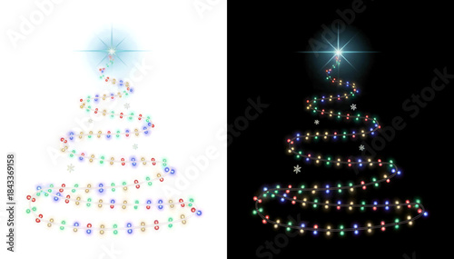 Festive Christmas tree created from curved colorful string lights with glowing multicolor bulbs isolated on transparent background. Isolated on transparent PNG overlay

