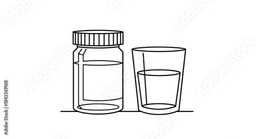 Simple Line Drawing of a Pill Bottle and Glass of Water.