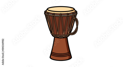 A simple cartoon illustration of a traditional wooden African djembe drum with rope tuning.