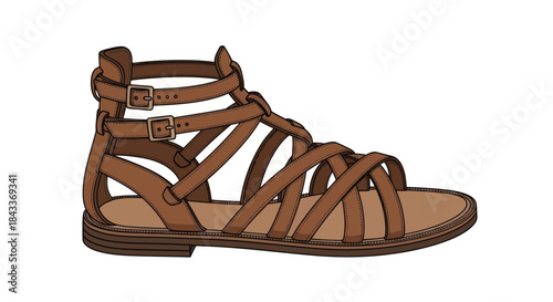 Brown Leather Gladiator Sandal with Buckles and Straps.