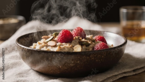 Steaming oatmeal bowl with raspberries, nuts, and seeds