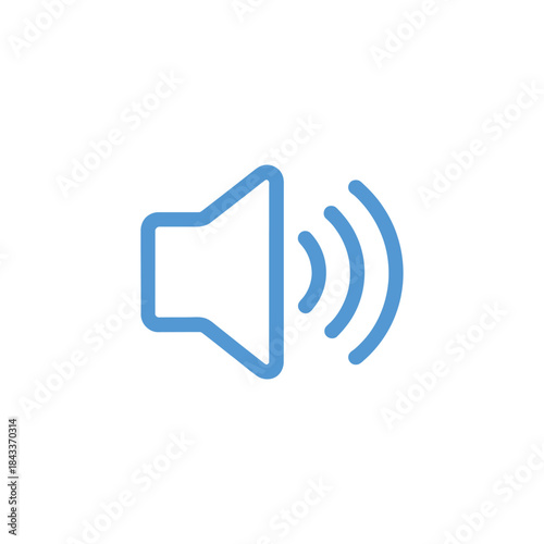 Blue full volume speaker outline icon on a clear white background