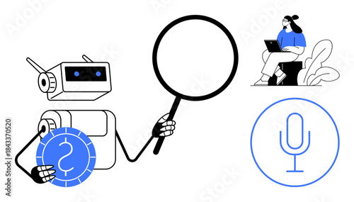 AI technology. Robot with magnifying glass and token AI-driven research. AI facilitating tasks through automation, research, and voice commands. For tech, research, and education