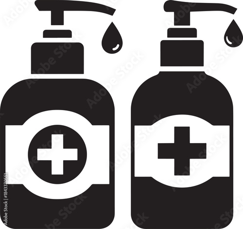 Two hand sanitizer bottles with pump dispensers silhouette