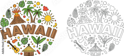 Hawaii doodle illustration in color and black and white,
Detailed hand-drawn Hawaii-themed design featuring volcano, palm trees, ukulele, tiki hut, and flowers in both colorful and outline versions.
