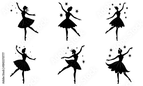 Five Ballerinas Dancing with Stars Silhouette on White Background dancers ballet