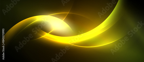 Bright yellow curves radiate from central glow. Dark background emphasizes dynamic light effect, creating abstract energy flow.