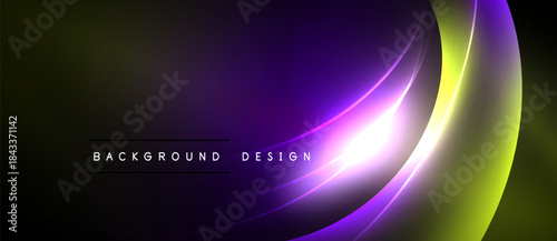 Abstract background features vibrant purple, yellow gradients. Smooth curves create dynamic visual effect. Dark space dominates composition.