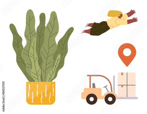Potted plant symbolizing growth, person flying as aspiration, forklift moving goods, and location pin for navigation. Ideal for ecology, transportation, growth, aspiration, logistics navigation