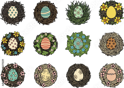 Collection of Decorative Bird Nests with Flowers and Eggs for Easter or Springtime Celebrations