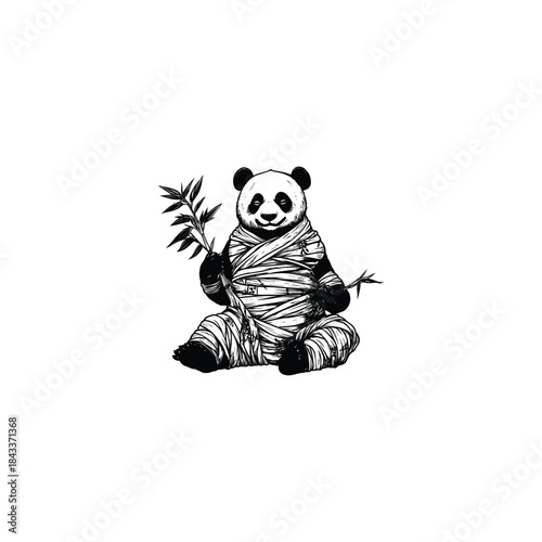 Humorous and edgy illustration of a cute Panda bear wrapped in bandages like a mummy, sitting down and holding bamboo branches