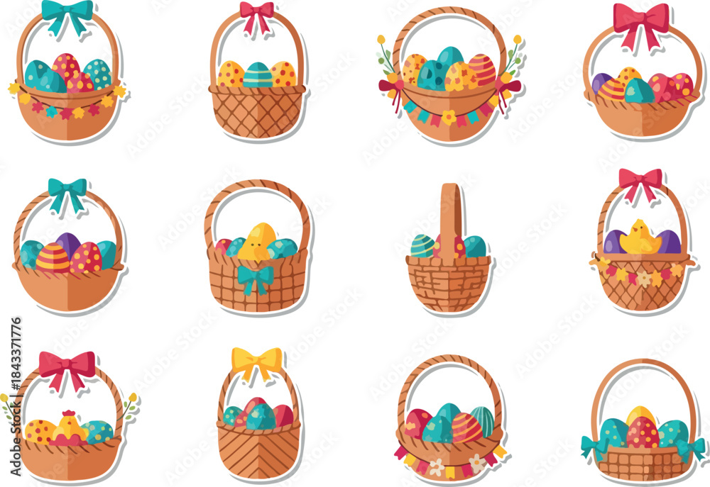 Fototapeta premium Colorful Easter Basket Collection Vector Illustration with Decorative Eggs and Ribbons