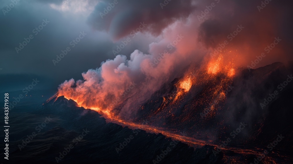 Fototapeta premium Fire flows from the top of a volcano down the side of a mountain as dark clouds fill the sky. The scene shows intense activity and strong colors in the evening light.