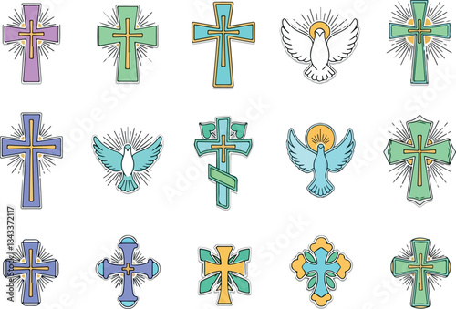 Collection of Faith Symbols Decorative Christian Crosses and Peaceful Doves