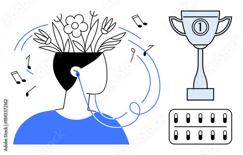 Music concept. Music creativity connected with mental growth, ed by floral elements and earphones. Music inspires success and personal development. For education, wellness, productivity, emotional
