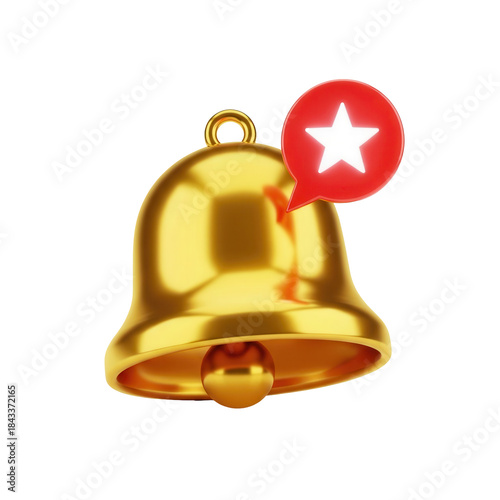 A 3D icon of a bell with a notification, representing messaging and alerts, with a star for a new message.