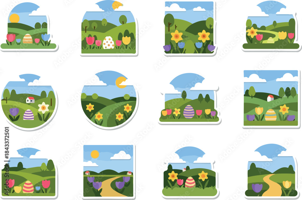 Obraz premium Springtime Meadow Stickers Vibrant Easter Egg Hunts and Floral Landscapes