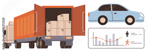 Cargo truck loaded with boxes, blue car nearby, and a chart displaying analytics data. Ideal for logistics, transportation, delivery, supply chain, shipping, data monitoring business management