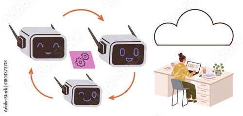 Smiling AI robots in a loop, gear icon showing processes, woman at desk with PC, cloud icon above. Ideal for AI, automation, workflow, cloud computing, robotics productivity technology in action