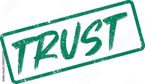 Distressed green rectangular rubber stamp featuring the significant word Trust in a bold brush stroke style