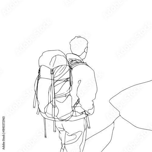 A line drawing of a person with a large backpack looking towards the right side of the image frame