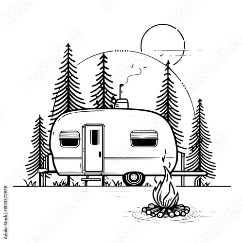 Illustration of a camping scene with a trailer, trees, campfire, and a sun in the background