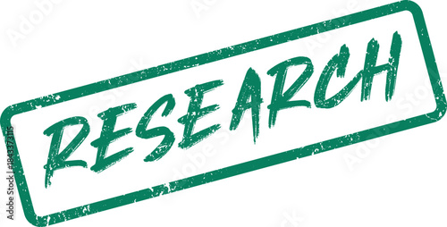 A distinctive green grunge stamp bearing the word RESEARCH for intellectual pursuit and discovery