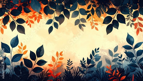 Dark Dramatic Foliage Silhouettes Frame Background with Glowing Golden Center Space for Nature Theme Text or Mysterious Night Garden Event Poster Design