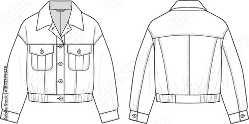 Cropped jacket CAD, technical flat illustration, fashion design template, vector garment sketch, detailed outerwear drawing, front and back apparel layout