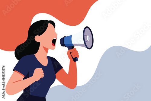Woman shouting into a megaphone with abstract background, protest or announcement concept