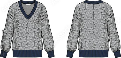 Textured knit sweater CAD, technical flat illustration, V-neck pullover design, detailed cable pattern garment sketch, vector fashion apparel template