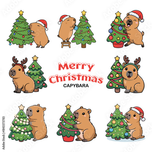 Cute Capybara Christmas Collection. Funny Animals in Santa Hat and Reindeer Antlers Decorating Tree. Kawaii Vector Mascots for Holiday Stickers.