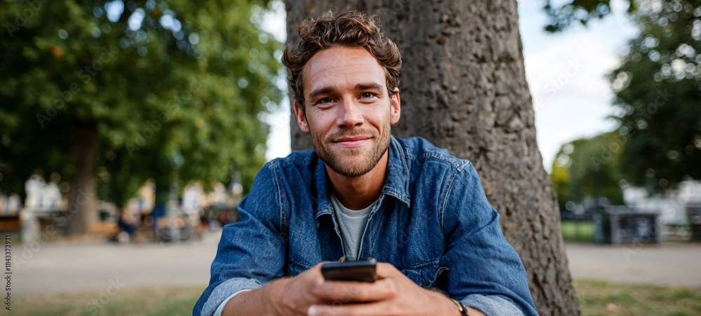 Fototapeta premium Man sitting outdoors holding cell phone.